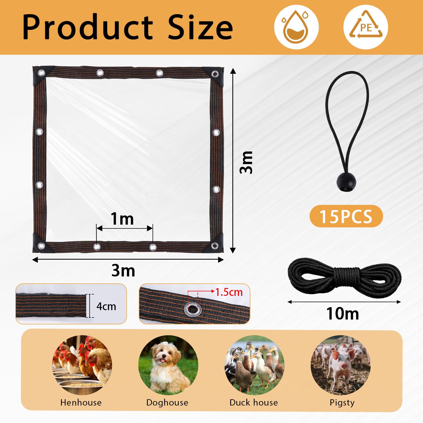 DBREAKS Lona Impermeable Transparente con Ojales, 3 x 3 m, Lonas Impermeables Exterior Transparente, para Exterior Terraza, Muebles de Jardín, Aislamiento de Plantas, con Cuerda