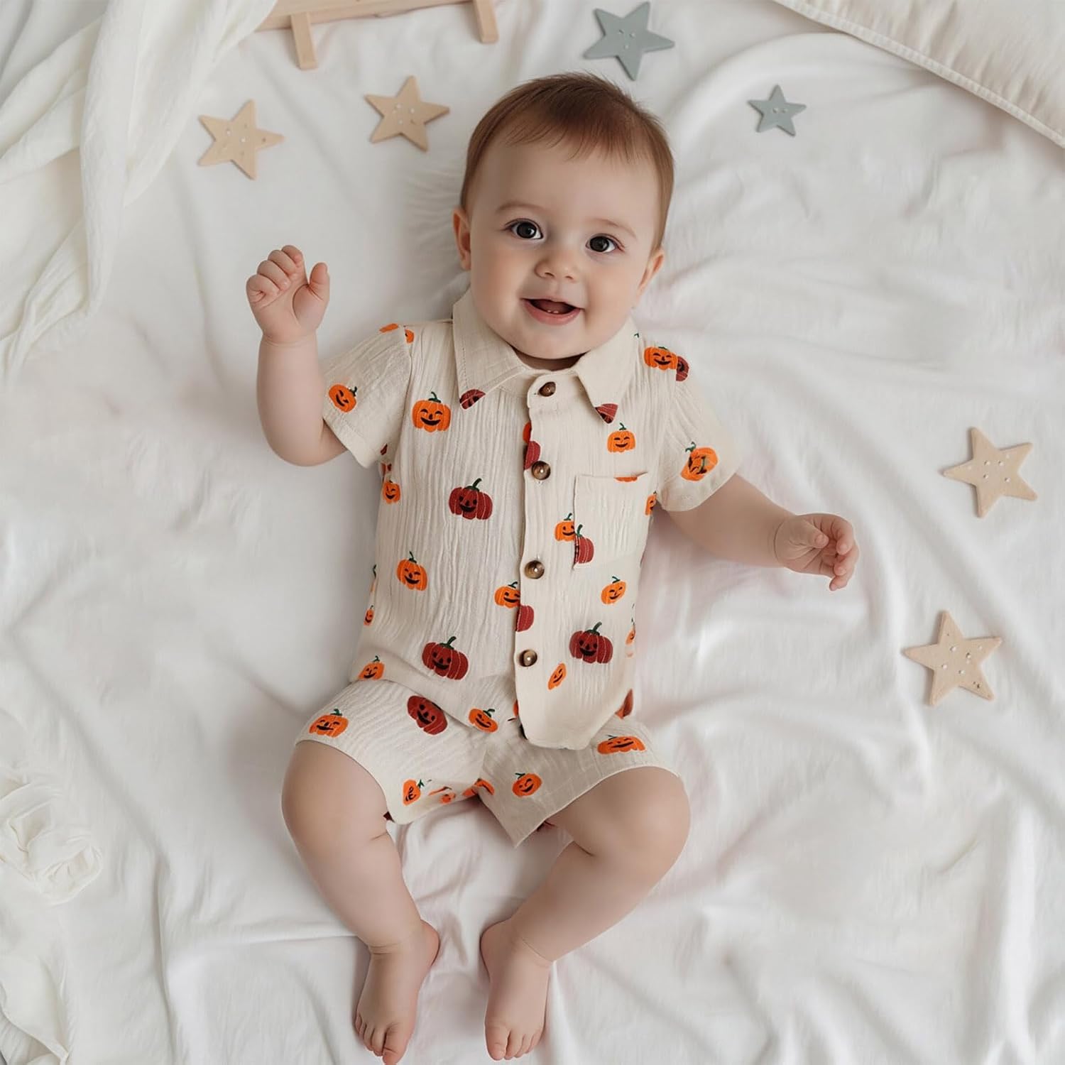 Toddler Baby Boy Halloween Outfit Pumpkin Cotton Linen Button Down Short Sleeve Shirt and Shorts 2 Piece Clothes Set - Image 4
