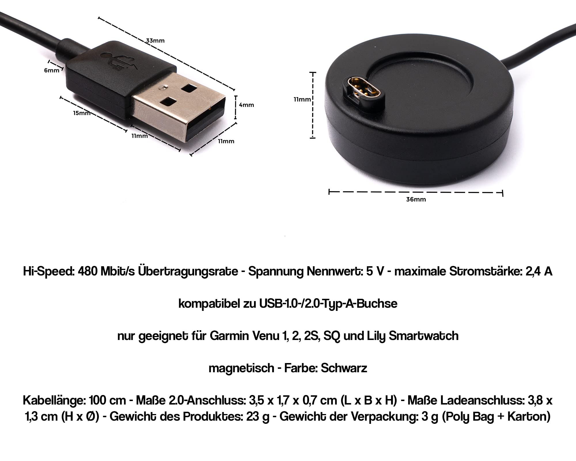 SYSTEM-S Kabel USB 2.0 100 cm kabel do ładowania do Garmin Venu 1 2 2S SQ Lily Smartwatch czarny
