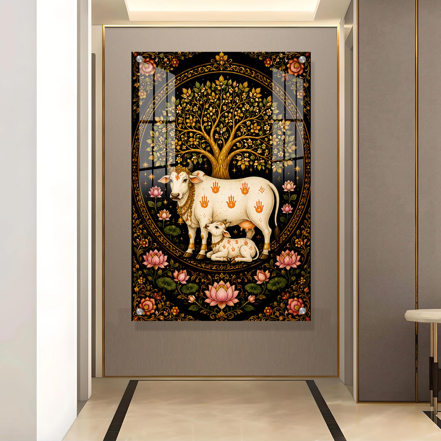 The Hanging Story Kamdhenu Cow with Calf Acrylic Wall Painting for