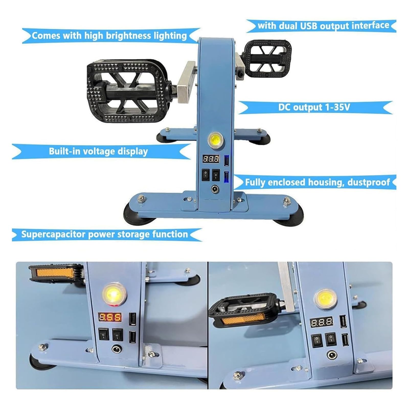 Generator prądu, generator awaryjny z 2 portami ładowania USB, przenośny zasilacz do roweru treningowego 100 W, oświetlenie LED do użytku na zewnątrz