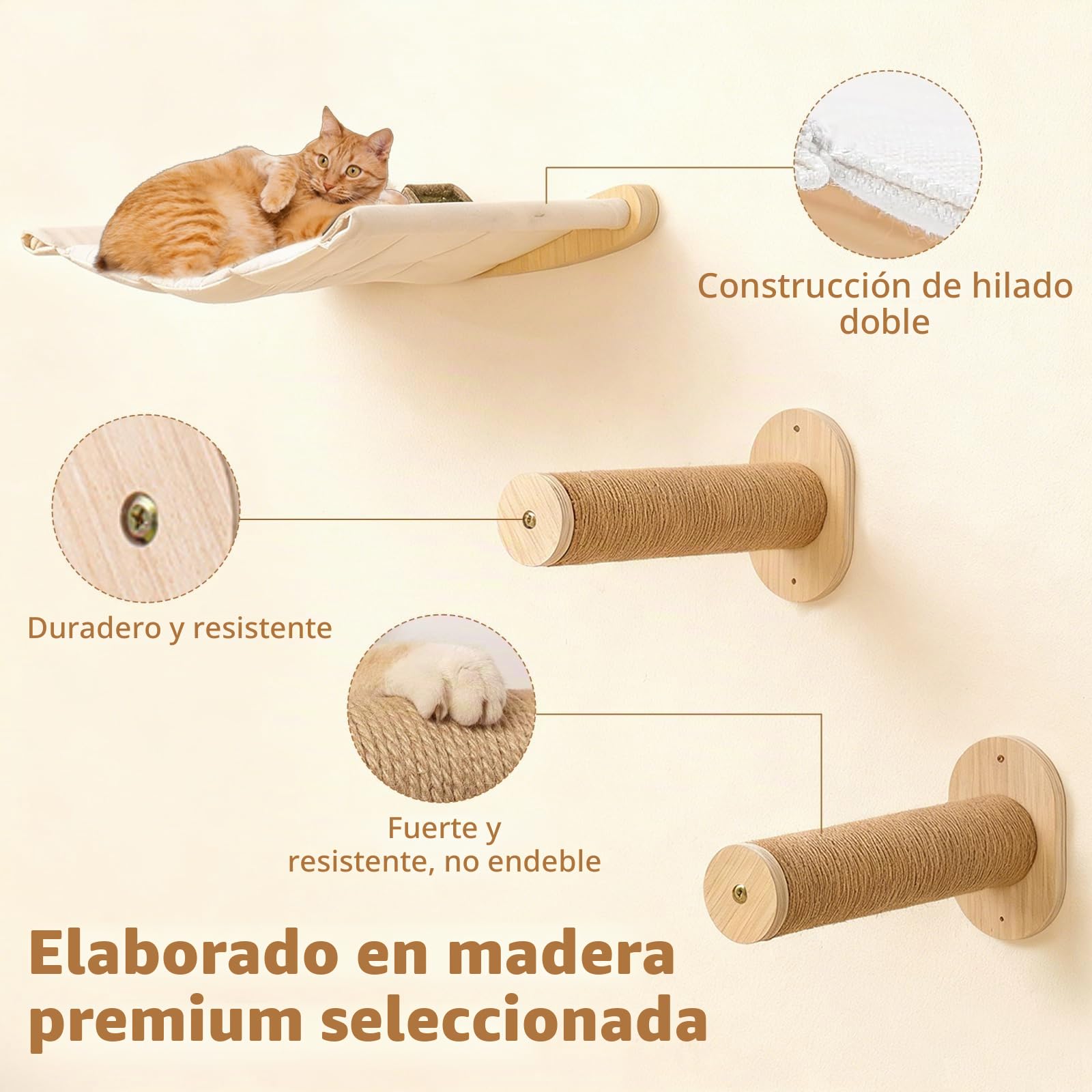 Pared de escalada para gatos, hamaca para gatos con 2 escaleras para gatos, hamaca de madera, muebles de pared para dormir, escalada y juegos