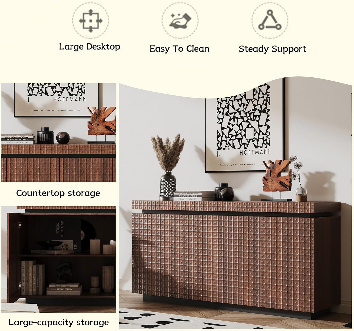Sideboard Buffet Cabinet with Storage, 58" Mid-Century Fluted Carving Modern Storage Cabinet with 4 Doors and Shelves,Farmhouse Coffee Bar Credenzas for Entryway, Living Room