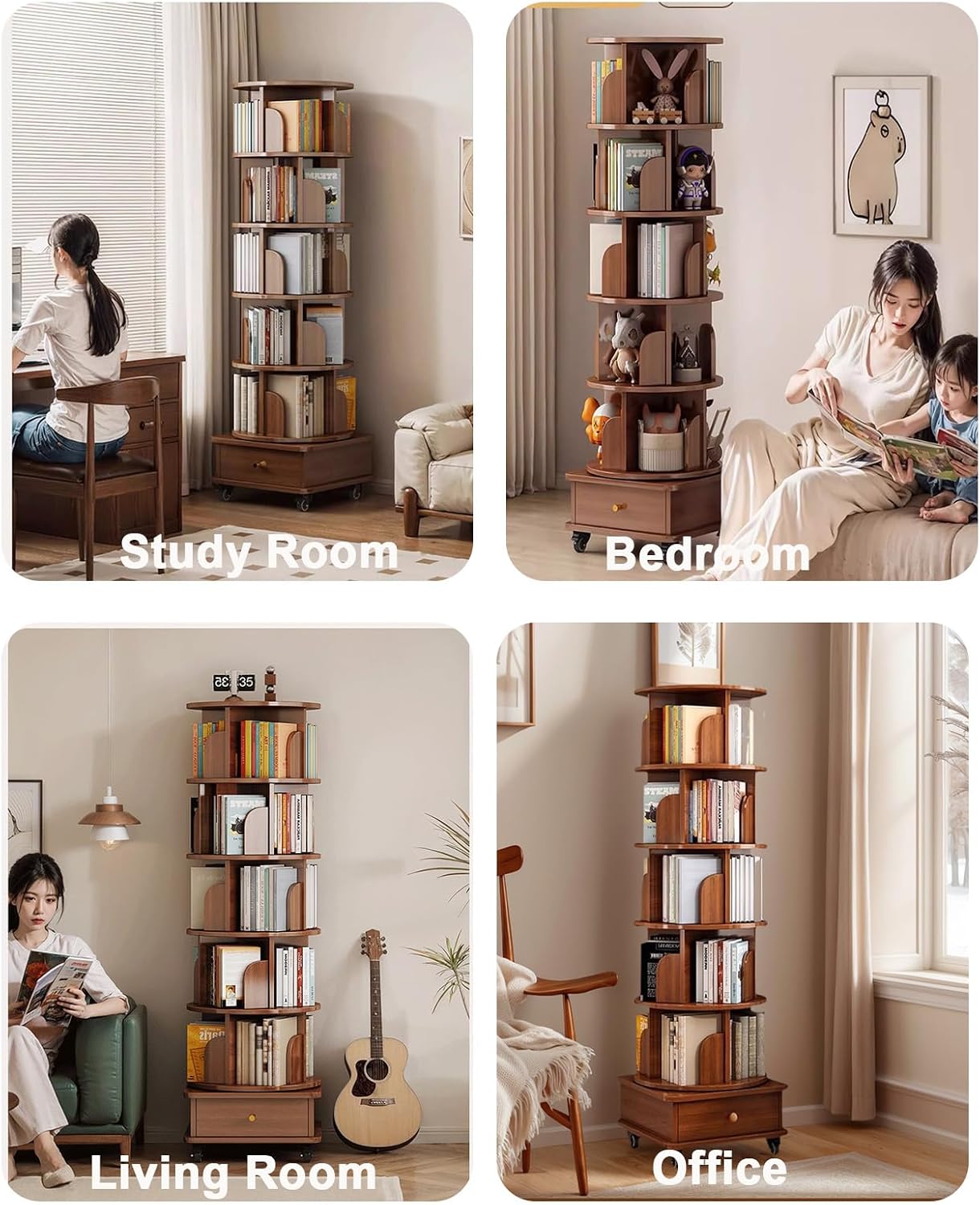 6 Tier Rotating Bookshelf with Cabinet On Wheel, 360° Display Spinning Corner Book Shelf Tower, Narrow Tall Bookshelves, Small Revolving Bookcase, Wooden Book Shelf Standing Storage Rack