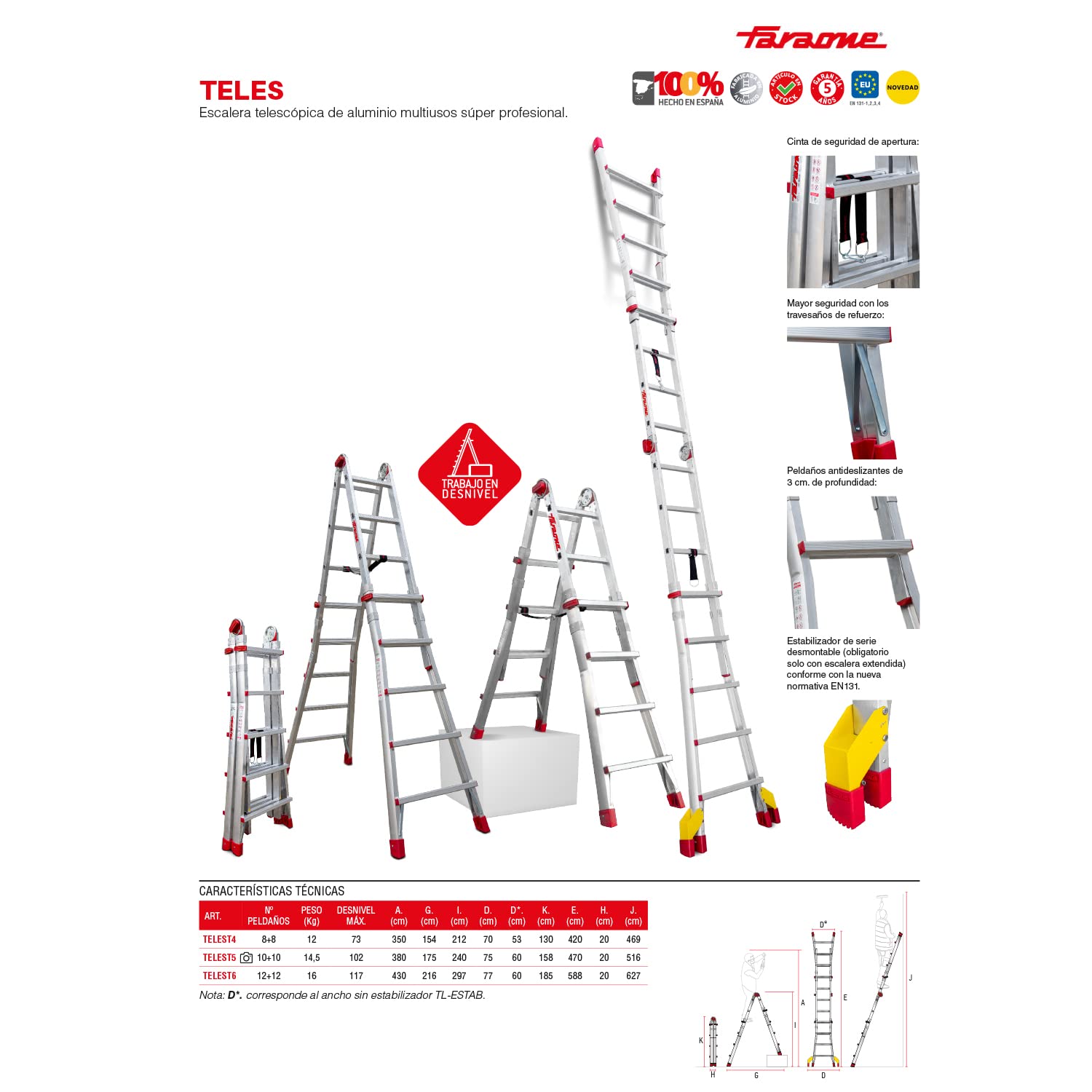 Faraone - Escalera de Aluminio - Escalera Telescópica TELES.T6-185 x 60 x 21 cm - 12+12 Peldaños - Escalera de Aluminio Multiusos - Altura Regulable - Muy Resistente y Estable