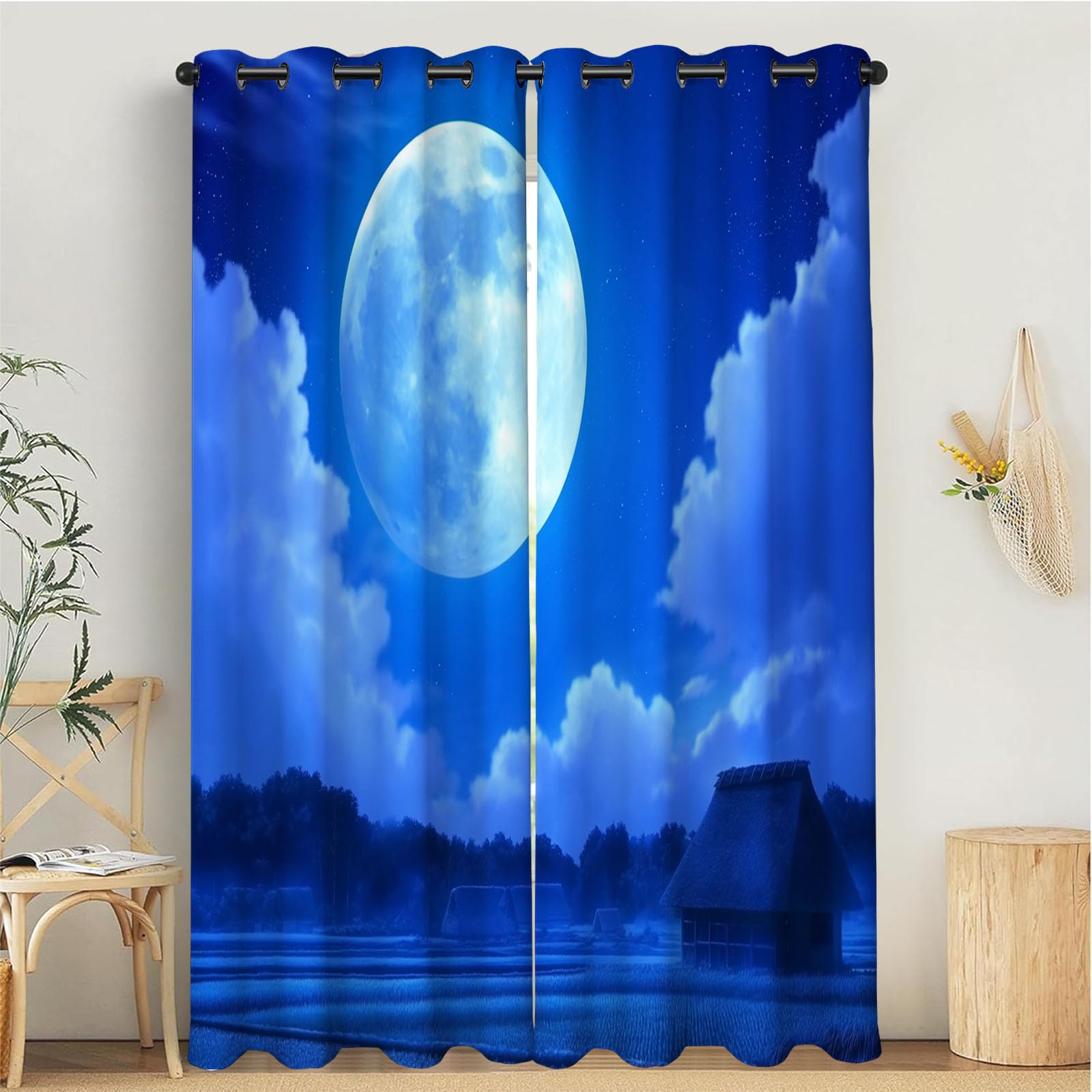 Rideau occultant de fenetre salon 140x175 double rideau thermique bleu a oeillets