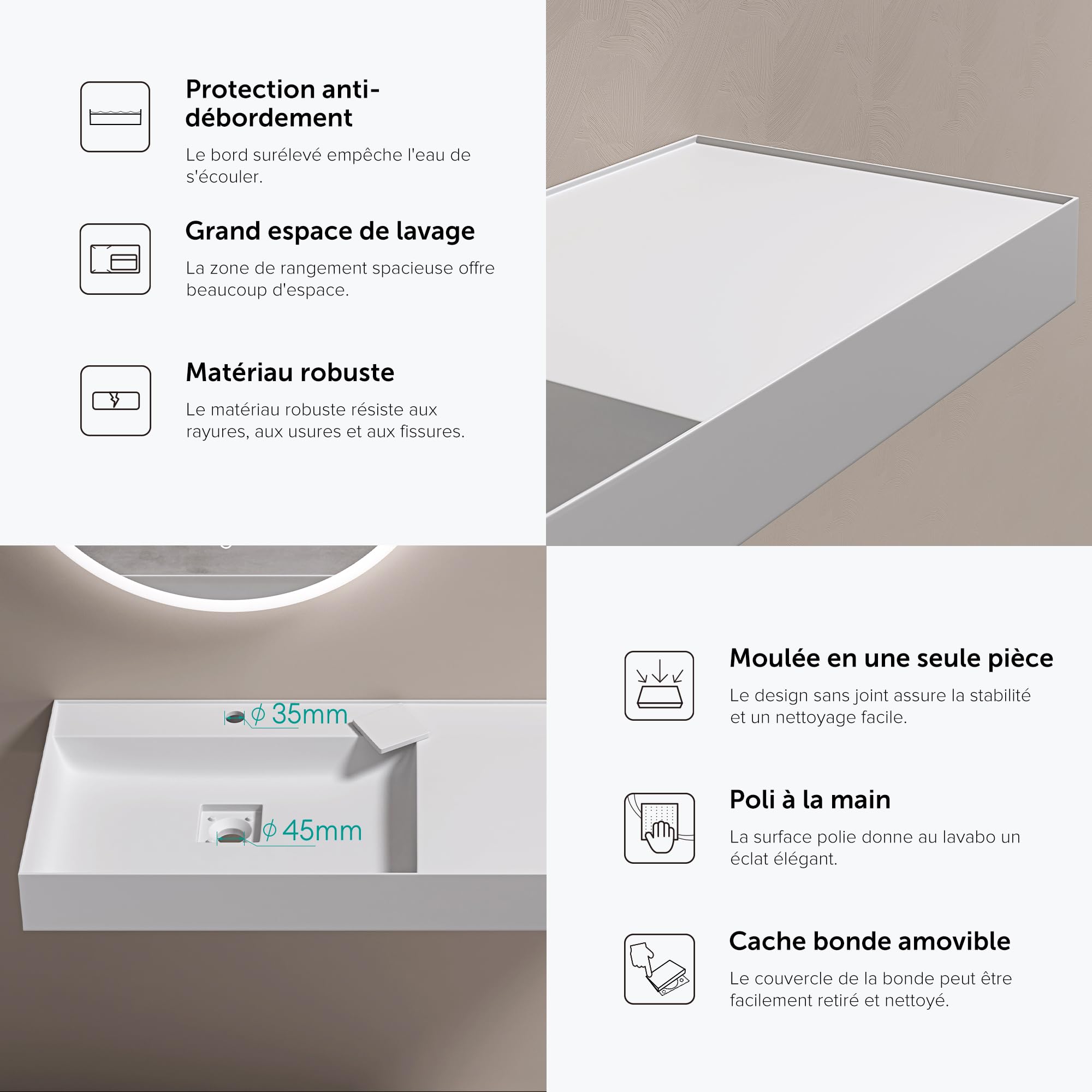 doporro Lavabo Bagno Sospeso 120 cm Rettangolare in Resina Bianco Opaco con Vasca Integrata Centrale e Piletta Inclusa – Colossum630