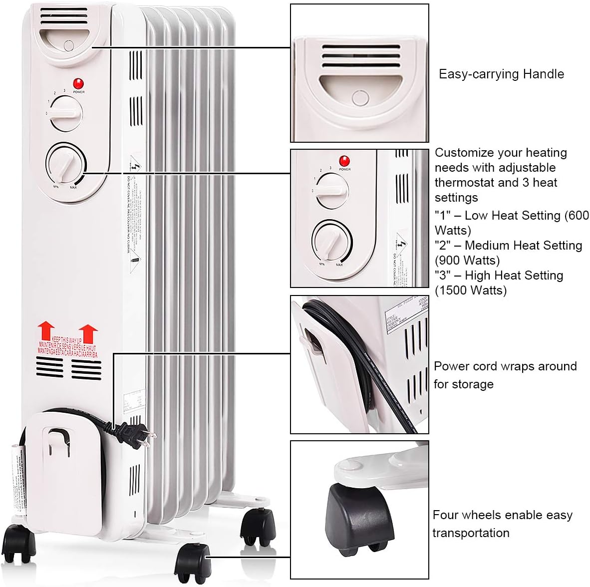 GOFLAME Oil Filled Radiator Heater with Wheels, 1500W Quiet Operation, Portable Home Office Space Heater with Adjustable Thermostat, Tip-over & Overheated Protection, 3 Heat Settings, Energy Saving