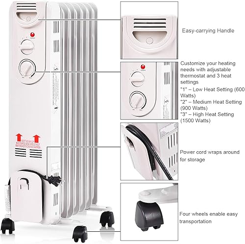 Miniatura 4 de GOFLAME Calentador de radiador lleno de aceite con ruedas, funcionamiento silencioso de 1500 W, calentador de espacio portátil para oficina en casa