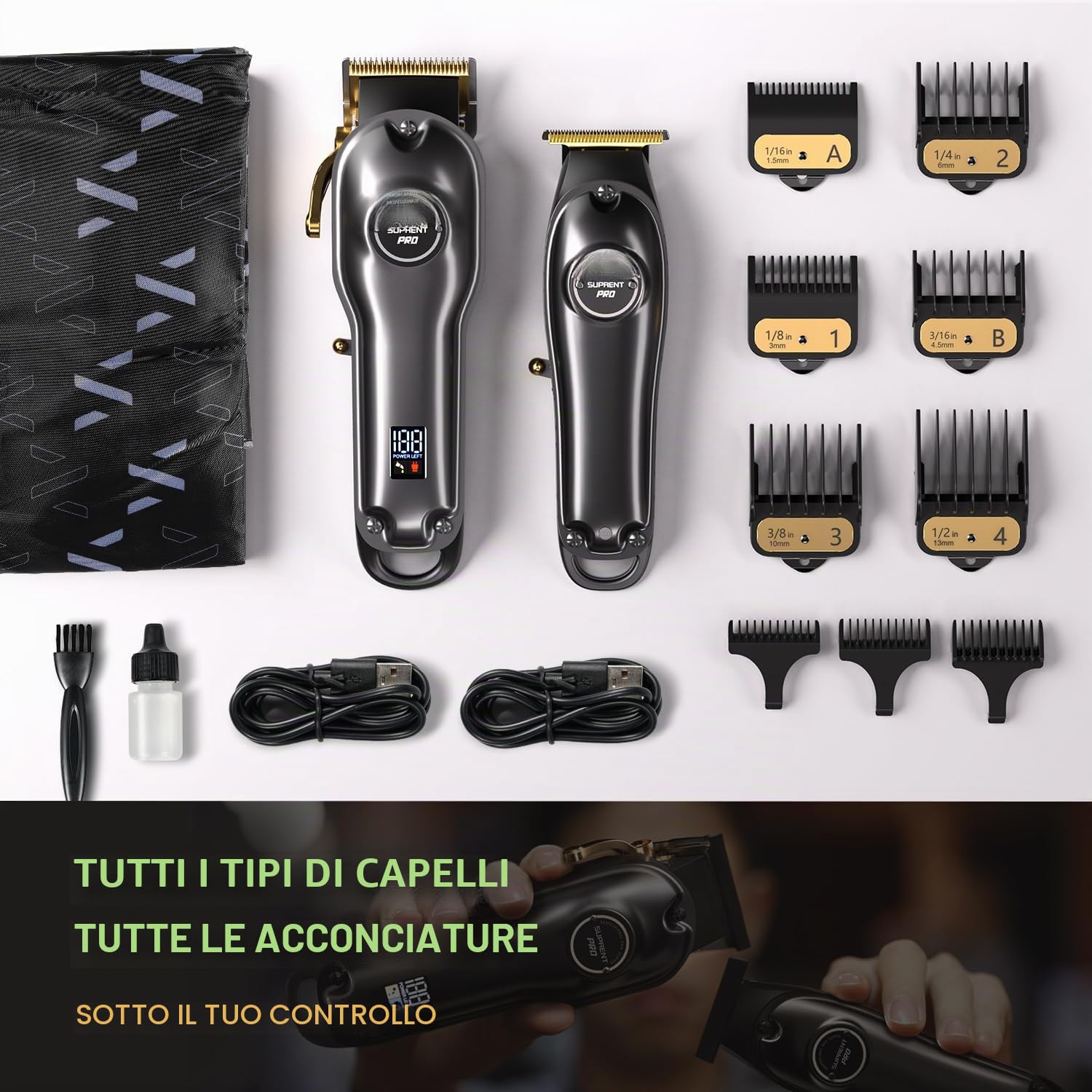 SUPRENT® Tagliacapelli professionale da uomo, kit di taglio di capelli e tagliacapelli a lama a T Zero Gap, set di trimmer per barbiere senza fili con display a LED (Nero)