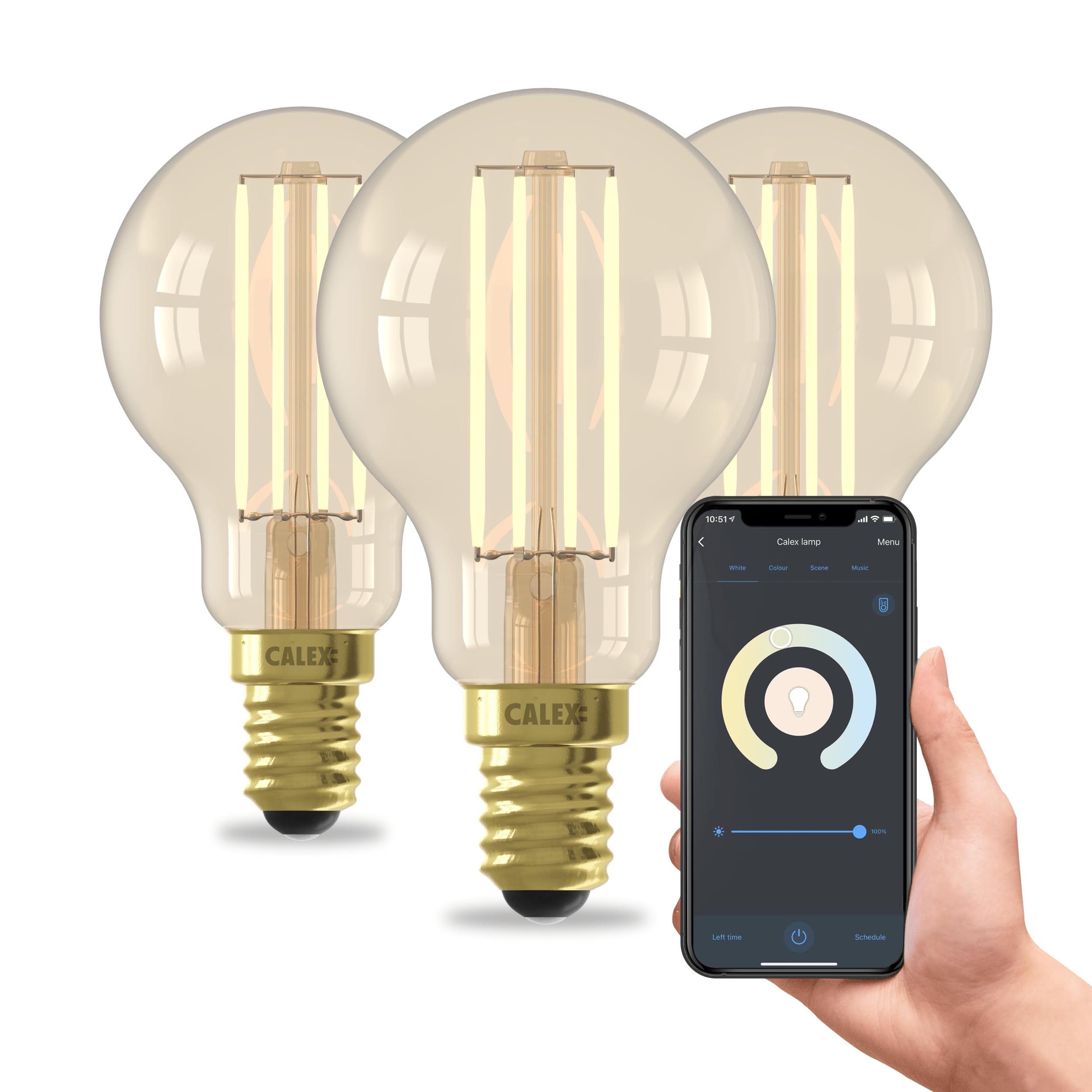 CALEX Smart LED Bulb, E14 P45, Gold Filament, Warm White Light, Dimmable, WiFi App & Voice Control, 3-Pack
