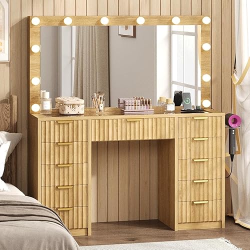 knoworld Fluted Vanity Desk with Glass Top, 11 Drawers Makeup