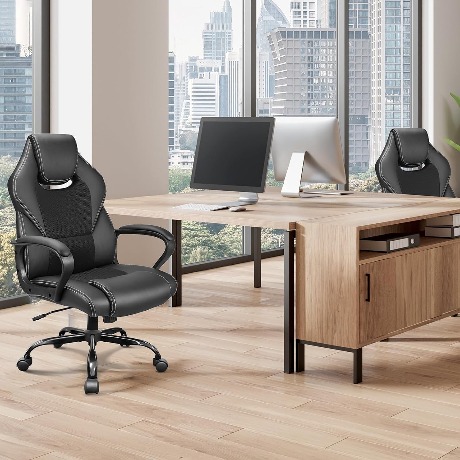 BASETBL Bürostuhl Chefsessel 150kg Schreibtischstuhl, Bürosessel Office Chair Gaming Stuhl, Bürostühle ergonomisch PU Leder, PC Stuhl Drehstuhl Hat weiche gepolsterte Armlehnen, Wippfunktion, schwarz
