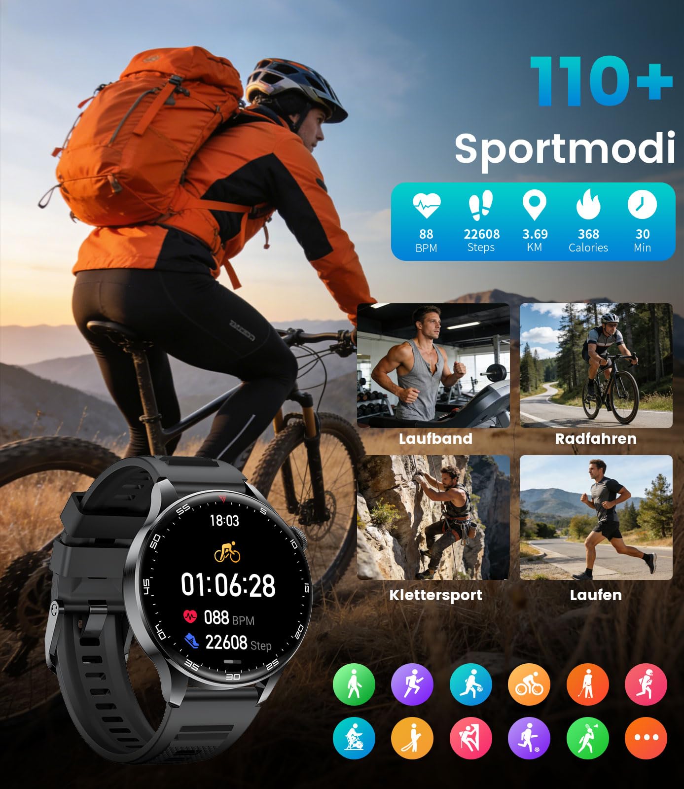 Smartwatch Herren mit Bluetooth Anrufen, 800mAh Akku 1.7" HD Bildschirm, 24/7 Herzfrequenzmessung Schlafanalyse SpO2 Messung, 110 Sportmodi IP68 Wasserdicht Kompatibel mit iOS Android Schwarz