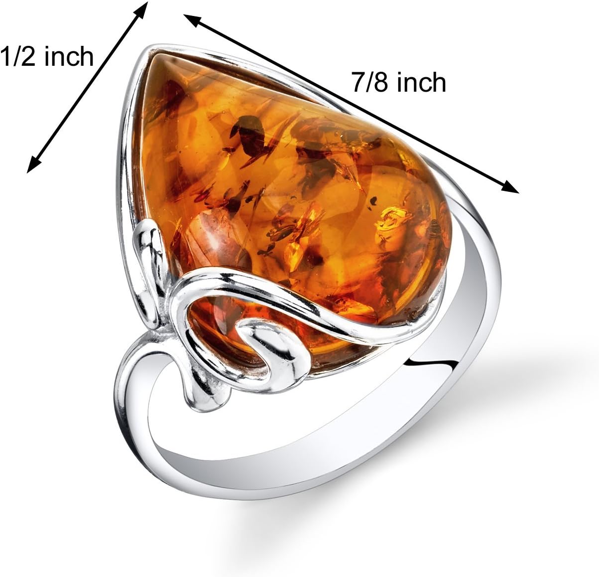 PEORA Genuine Baltic Amber Ring for Women 925 Sterling Silver, Large Teardrop Shape, Rich Cognac Color Sizes 5 to 9