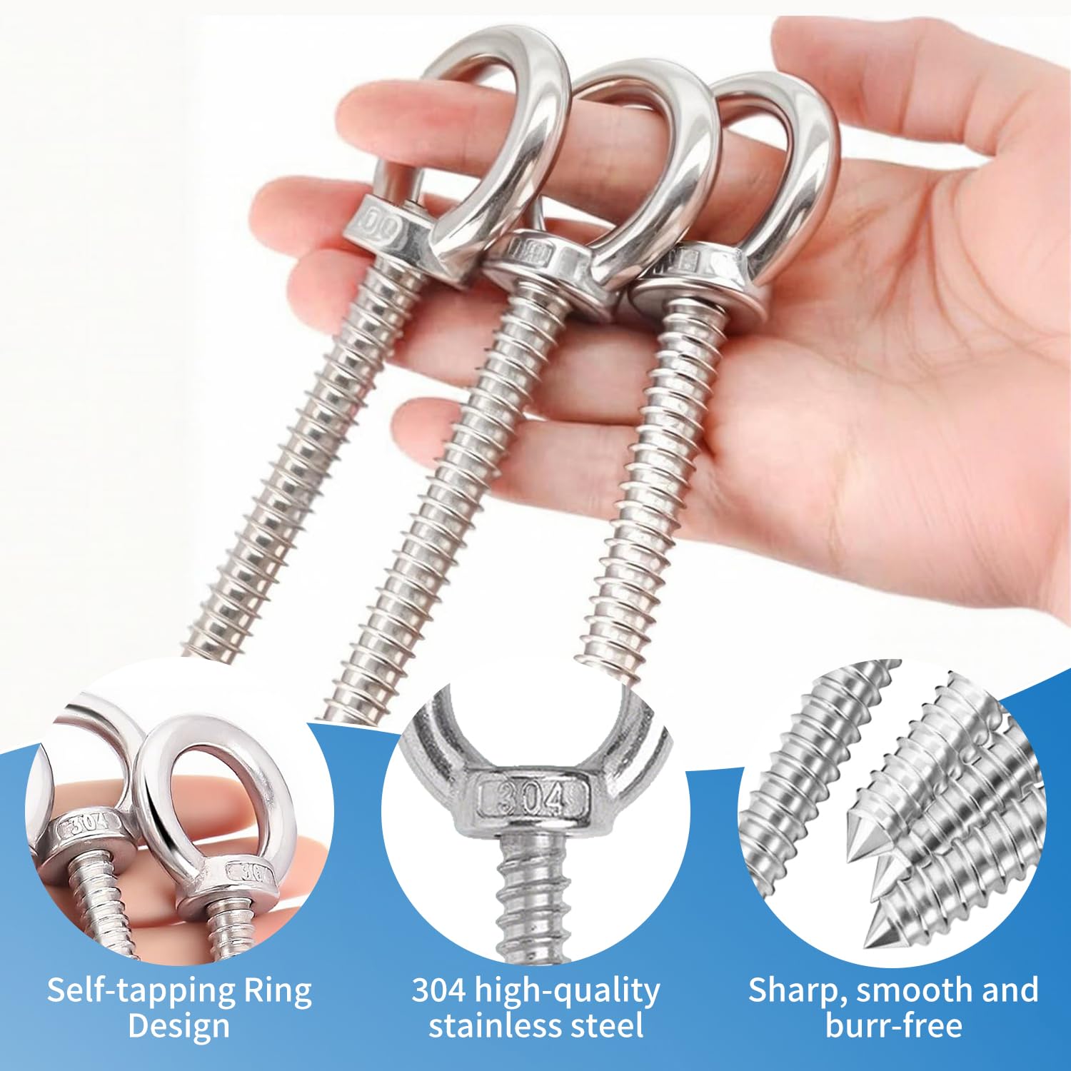 Verazquy 4 Pcs Heavy Duty Eye Hooks Screw, Eye Bolt M10 304 Stainless Steel Self-Tapping Screw - Image 3
