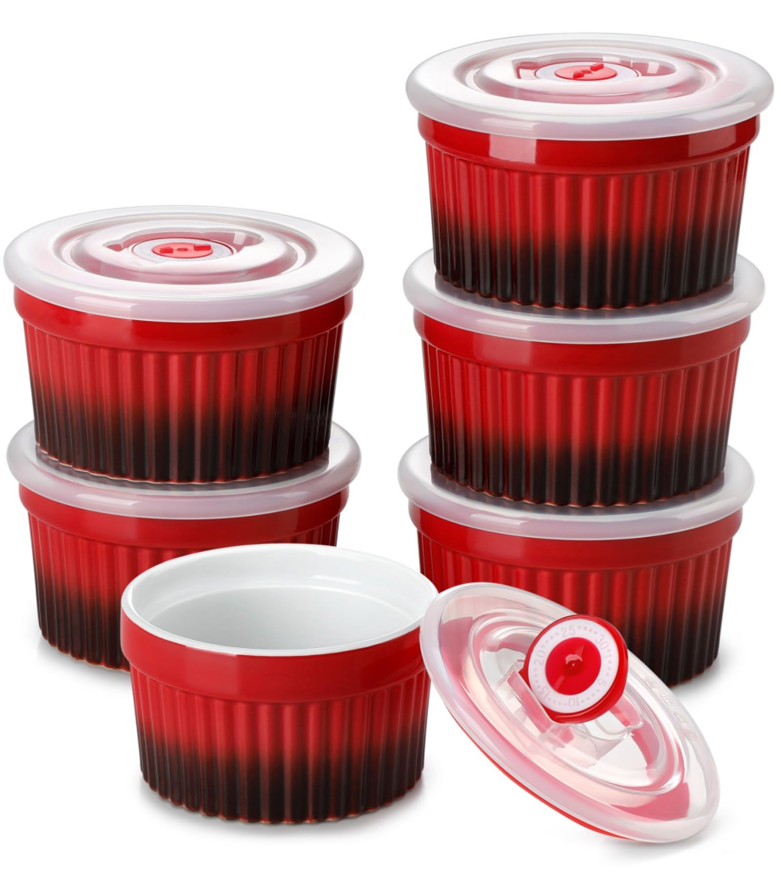 vancasso 6 oz Ramekins with Lids, Souffle Dishes Set of 6, 9.5cm Porcelain Creme Brulee Ramekins, Baking Cups for Pudding, Fruits, Dips, Dishwasher and Oven Safe, Red