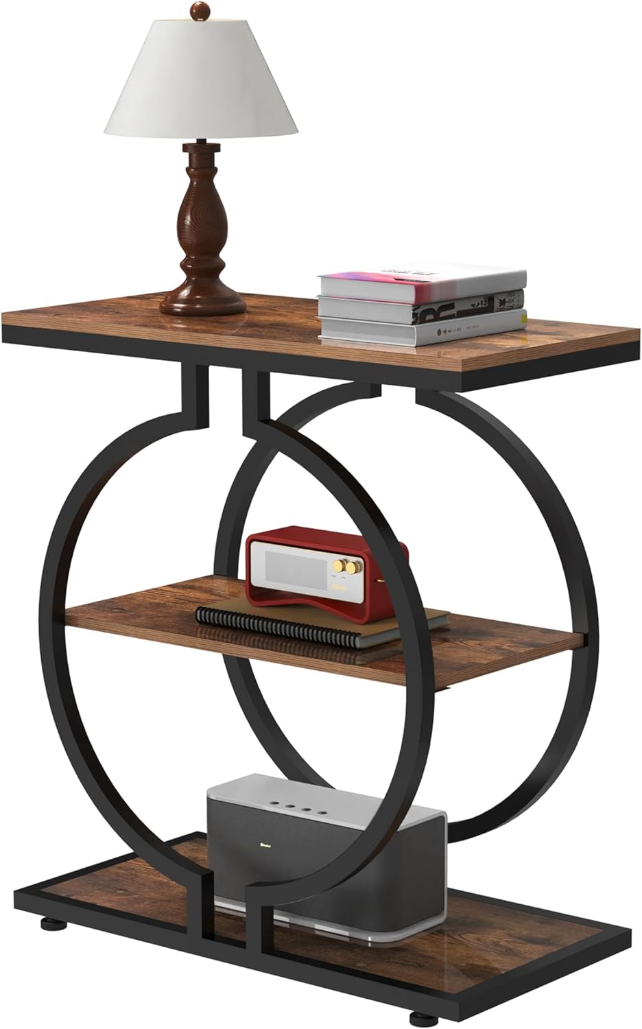 GiftGo Narrow End Table with O-Shaped Geometric Base Vintage Industrial Sofa Chair Side Table for Living Room Slim Nightstand for Bedroom Stylish Beside Table with 3 Storage Shelves (1, Rustic Brown)
