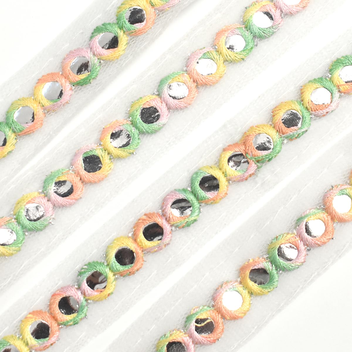 EmbroideryMaterial White Net Fabric Embroidery Lace with Multicolor Crochet Rounded Silver Reflecting Foil for Sewing, Edging, Saree Border, Kurta, Dupatta, Blouse, Gown & Lehenga (9Meters,2CM Wide)