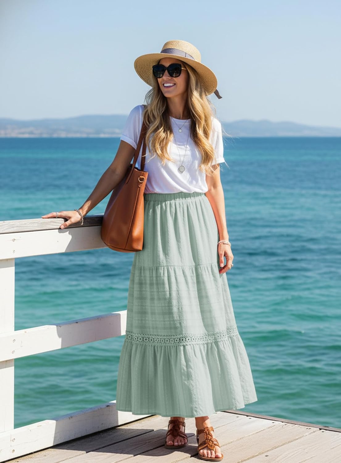 BLENCOT Long Skirts for Women Boho Crochet Lace High Waisted A-Line Cotton Tiered Maxi Skirt - Image 2