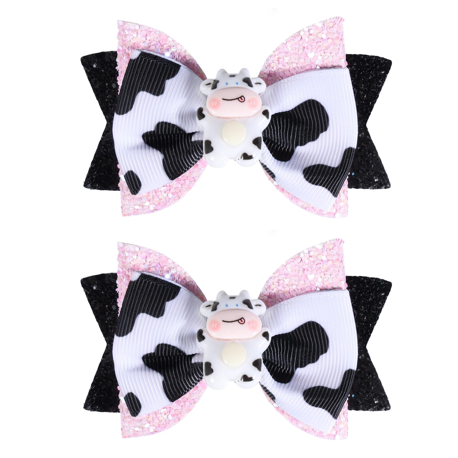 2pcs Glitter Pink Cow Print Hair Bow Clips for Toddler Teen Baby Girls Country Birthday Party Gift Cute Cow Ribbon Alligator Barrettes Outfit Dress