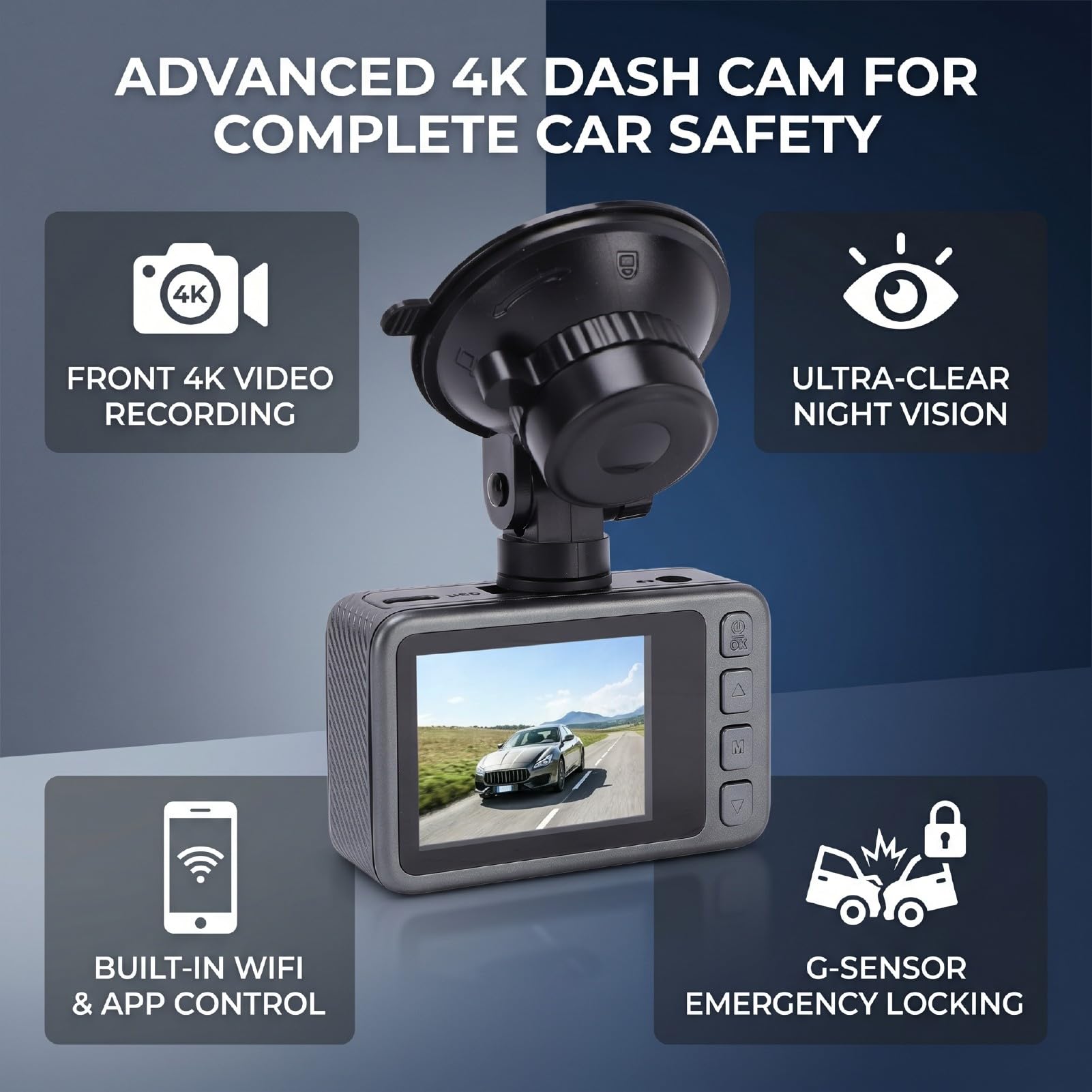 Dash Cam 4K Anteriore e Posteriore, Grandangolo 150°, Visione Notturna, WiFi Integrato, Display da 2,0 Pollici, Sensore G, Registrazione in Loop, con Connessione App Telefono e