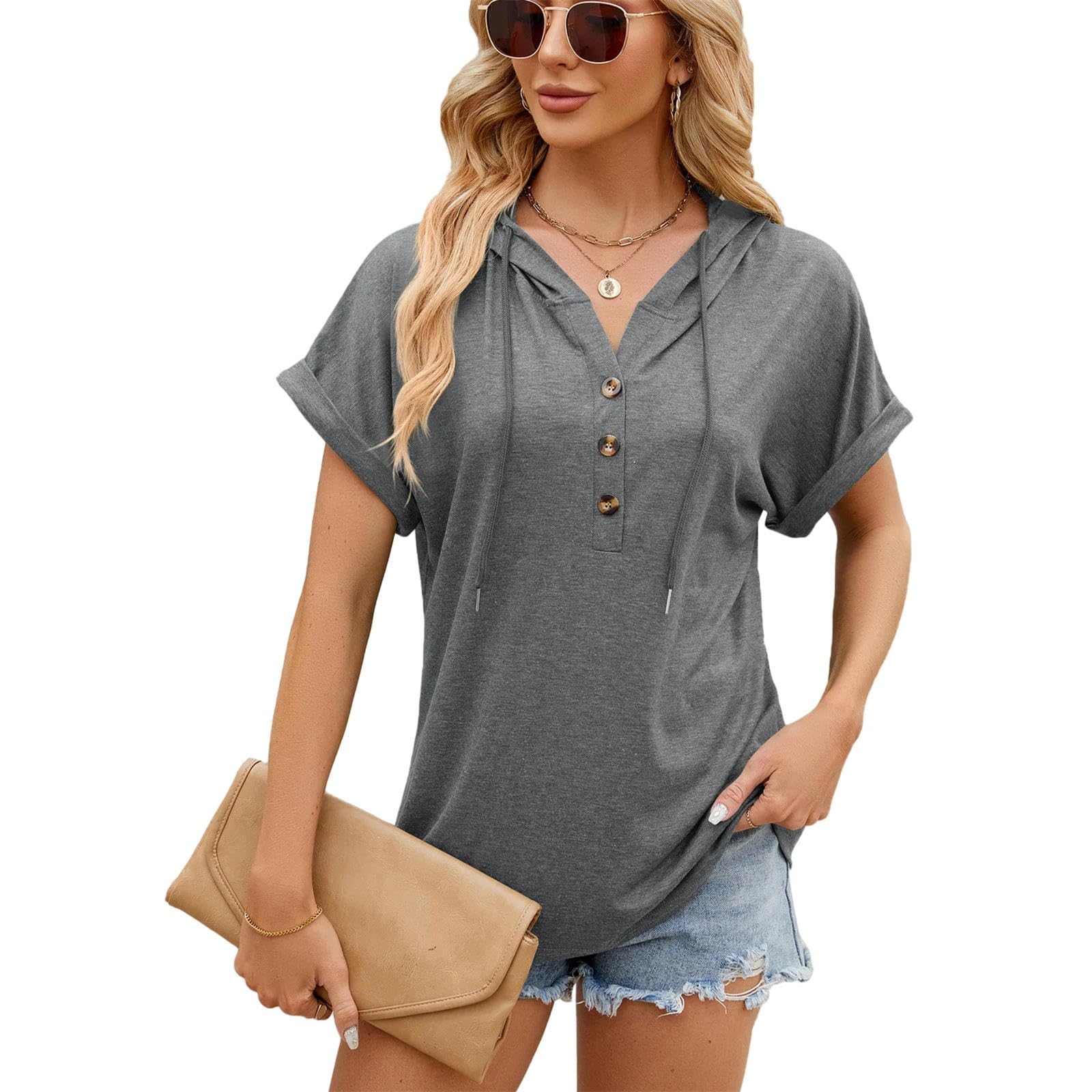 Camicia Donne Sciolte Casual Bottoni con Cappuccio Estate Top-Shirt