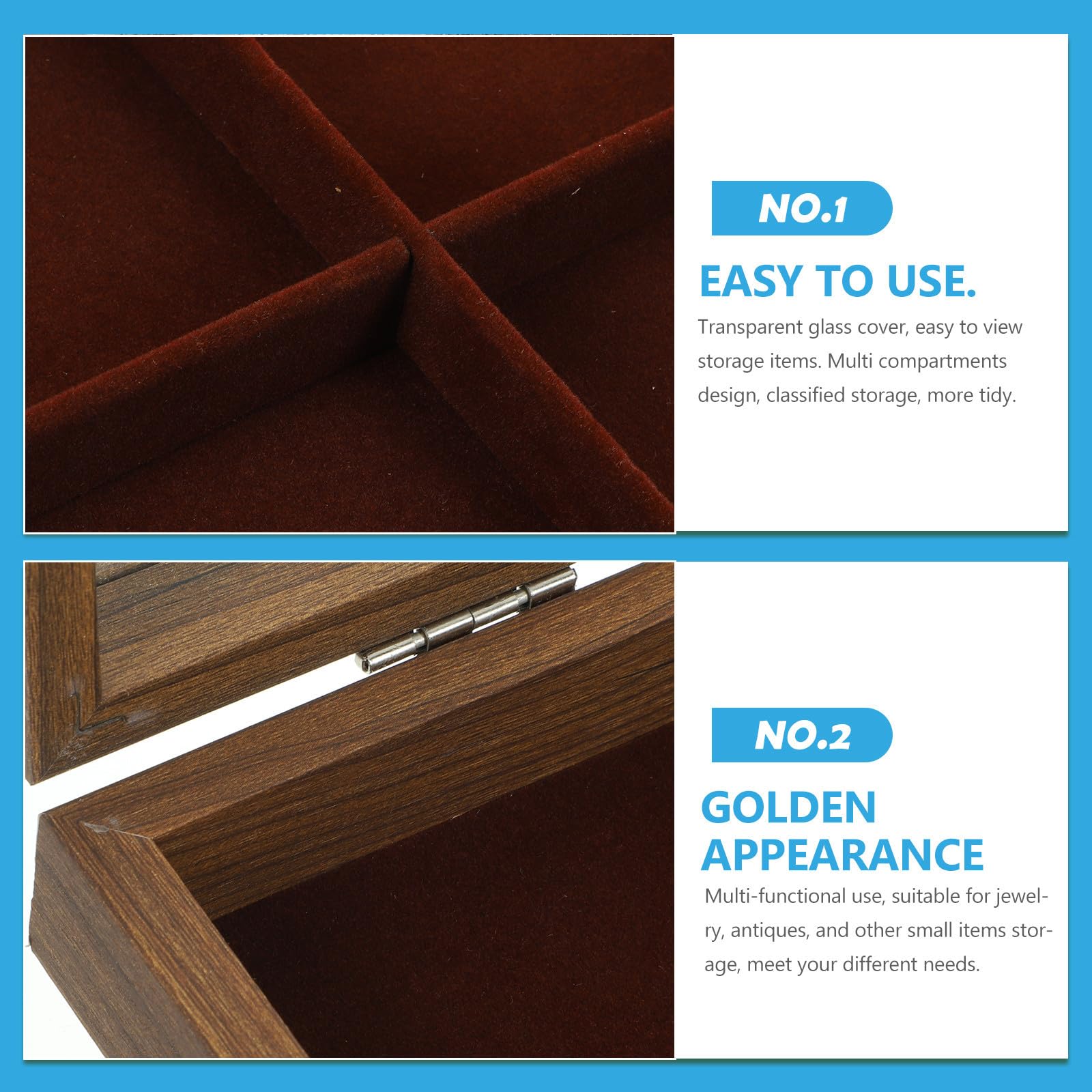 Estuche para Guardar Joyas de Madera con Tapa de Cristal, 6 Compartimentos
