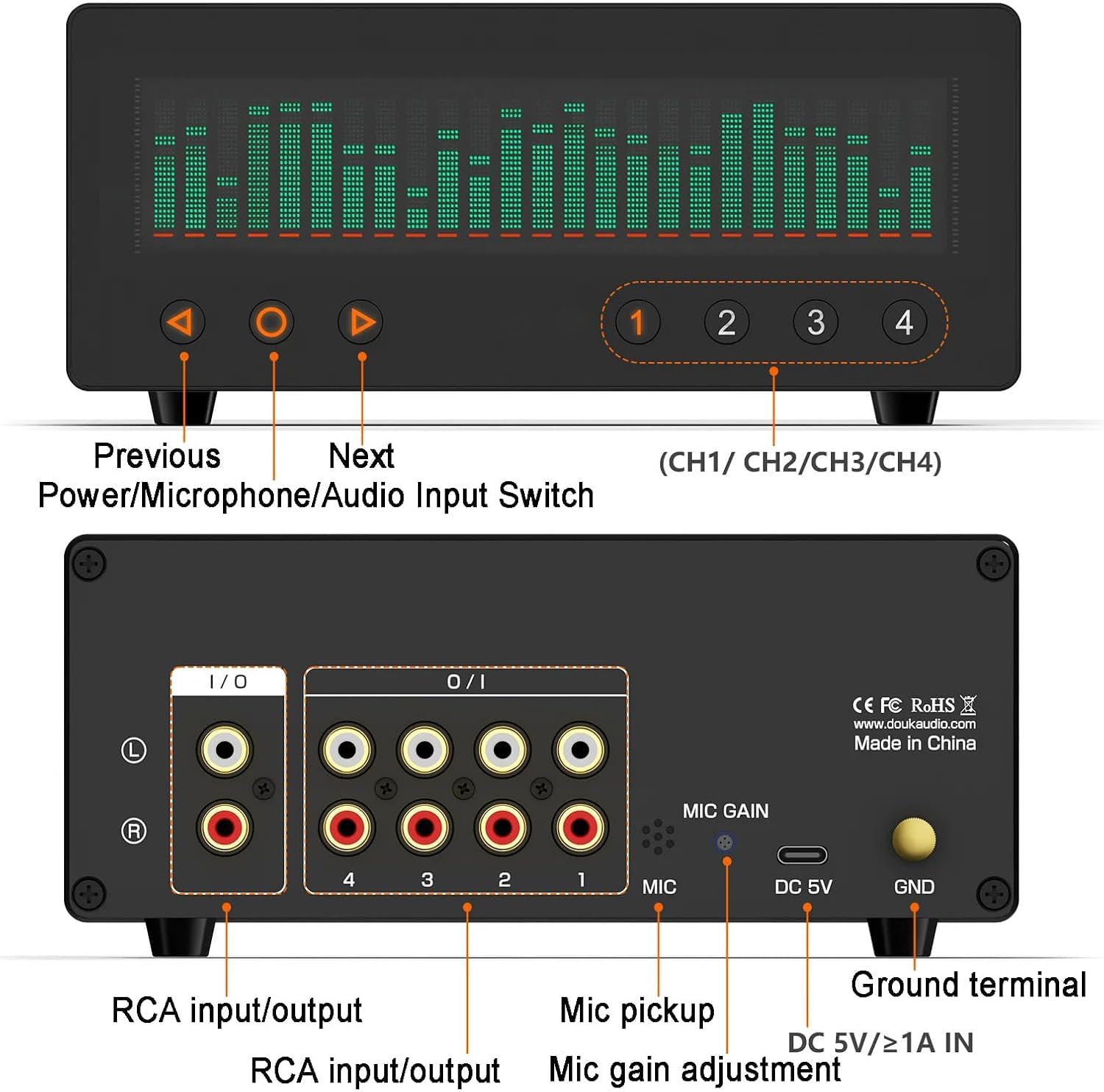 Conmutador De Audio De 4 Canales, Visualizador De Música Con Paso De Señal Hi-fi, Pantalla De Espectro Vfd De 25 Bandas, Entrada/salida Rca L/r, Ajustes De Ganancia, Para Cine En Casa/estudio/dj