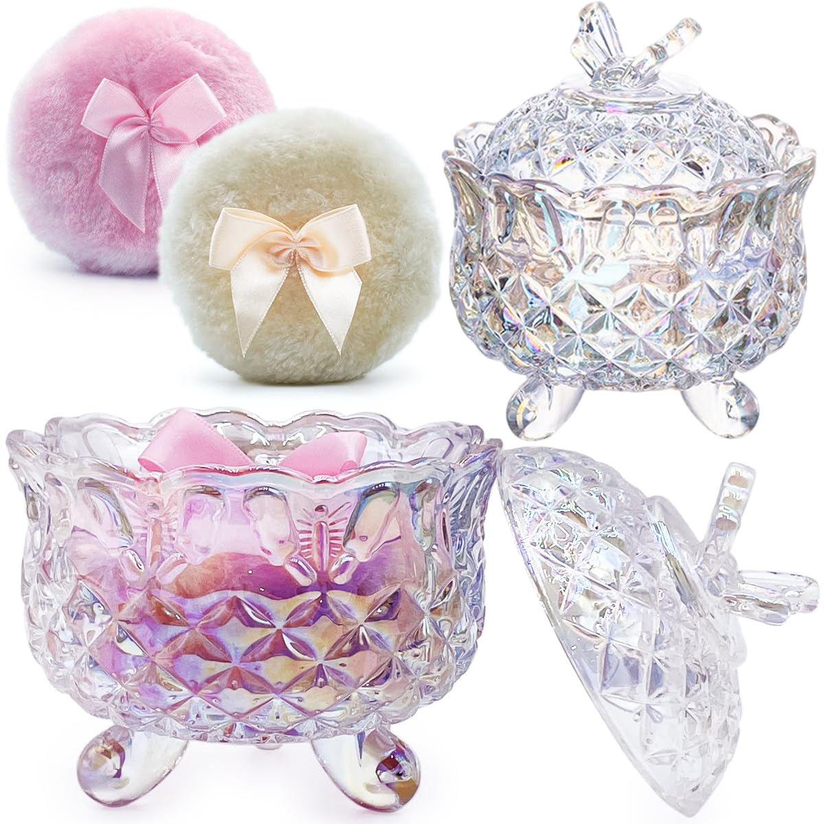 Récipient à poudre en verre de 10,2 cm avec ses 2 houppettes de 8,9 cm motif papillon