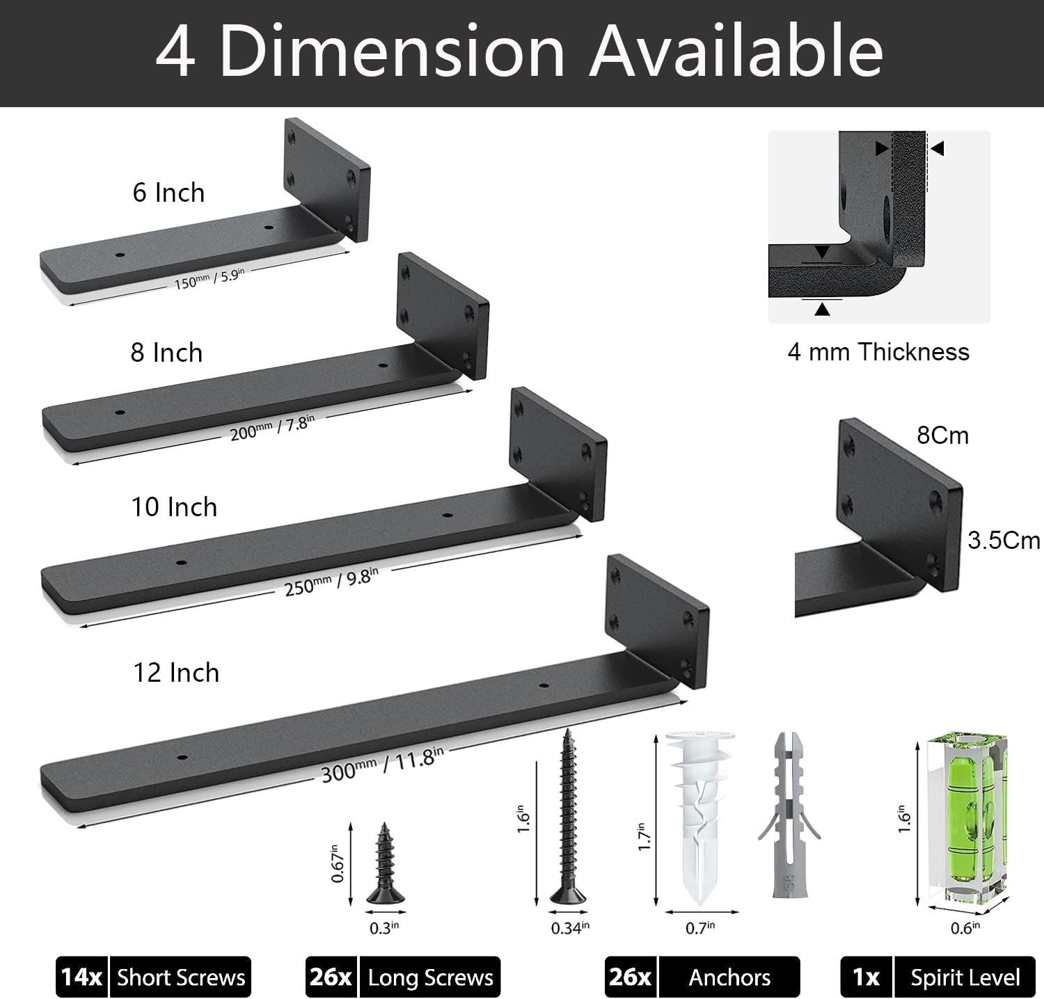 Soportes Flotantes para Estantes de Metal Negro - 30 cm de Largo con Tornillos Incluidos, Diseño Moderno y Resistente (Capacidad 200 lb) - Soportes de Pared para Cocina, Biblioteca y Baño