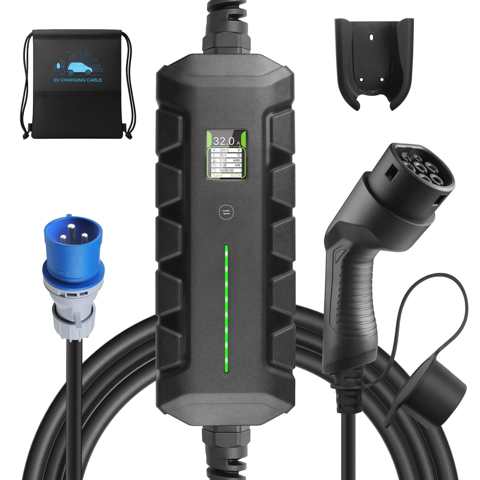 EV Chargeur 7,4 KW Station de Recharge Mobile Boîtier Mural avec Affichage Numérique Type 2, CEE Monophasé, câble de 6 m, 16 A/24 A/32 A