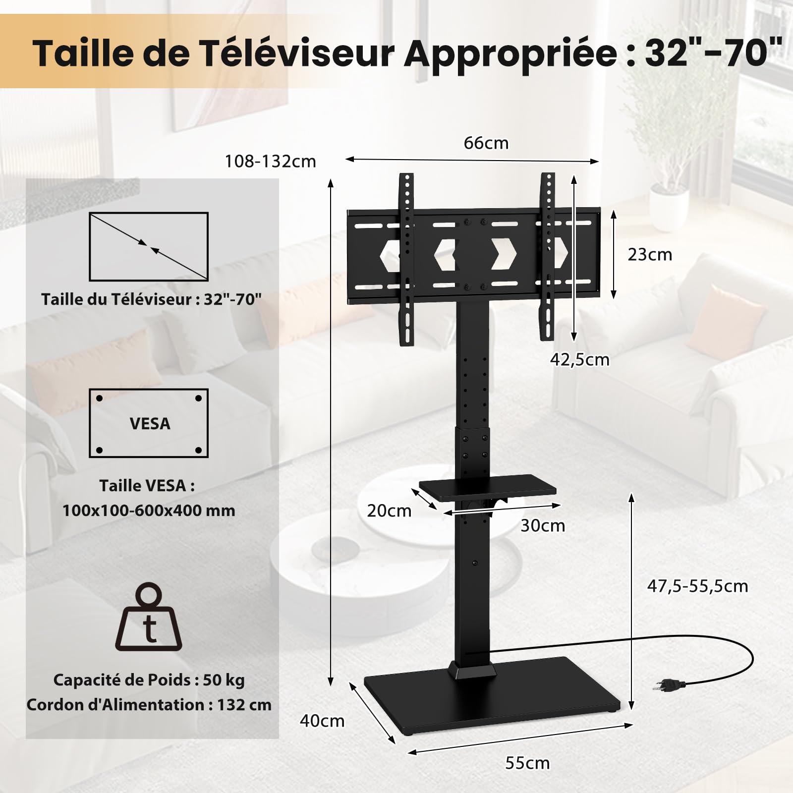 GYMAX Support TV sur Pied Inclinable, Hauteur Réglable, avec Prise de Courant, Étagère de Rangement, pour Télévision Écran de 32 à 70″ Jusqu'à 50 KG, VESA Max 600 x 400 mm