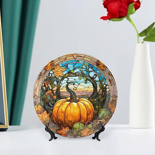 Miniatura 6 de Platos decorativos para colgar en la pared, placa de cerámica con diseño de cristal manchado de arce y calabaza con soporte de exhibición,