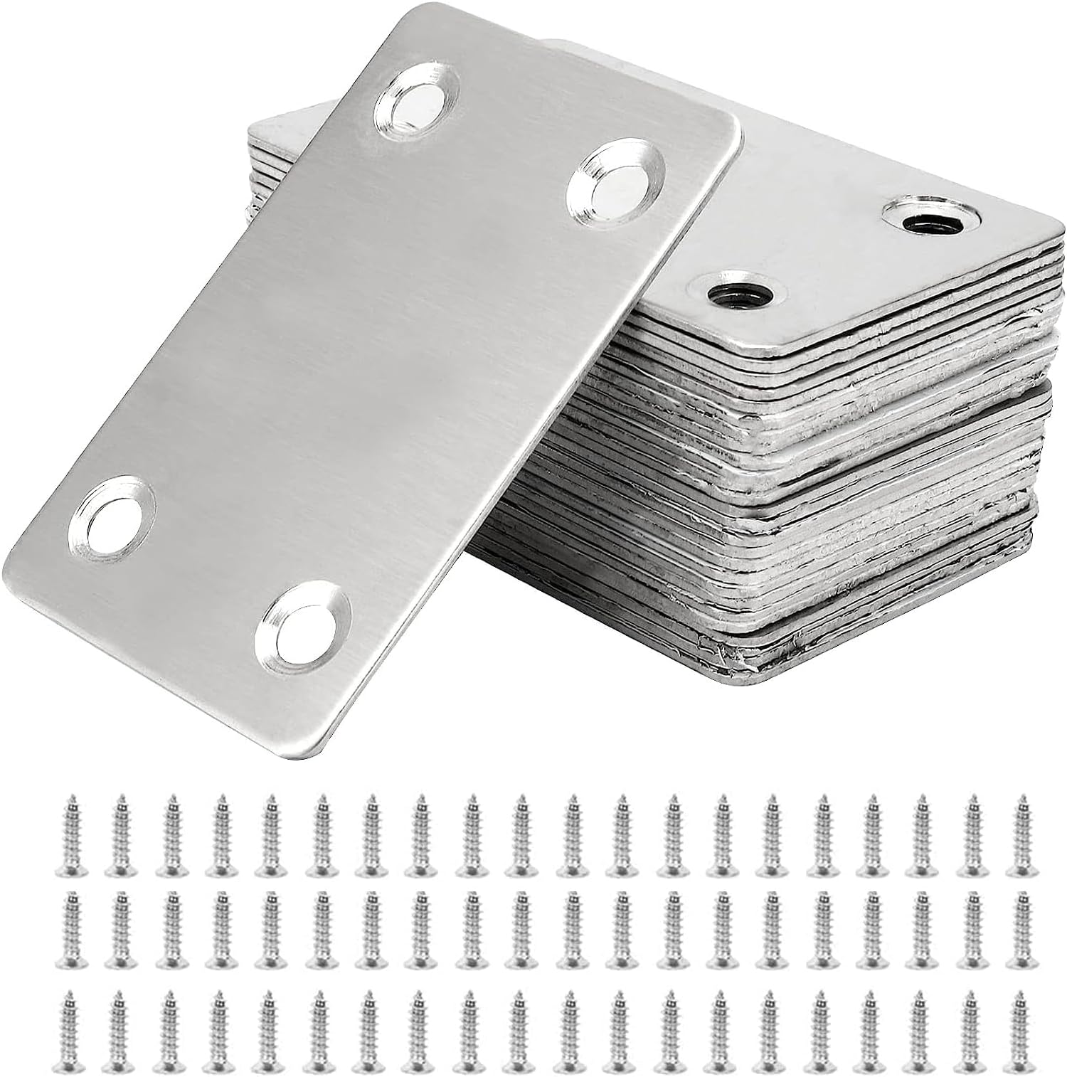 Azonee 20 Pcs Flat Mending Plates, 60 X 38mm Mending Plates Stainless Steel Straight Support Brackets with 80 Screws and Holes for Repair Wood Fixing Furniture Repair Connector Chair Table Cabinet Bed