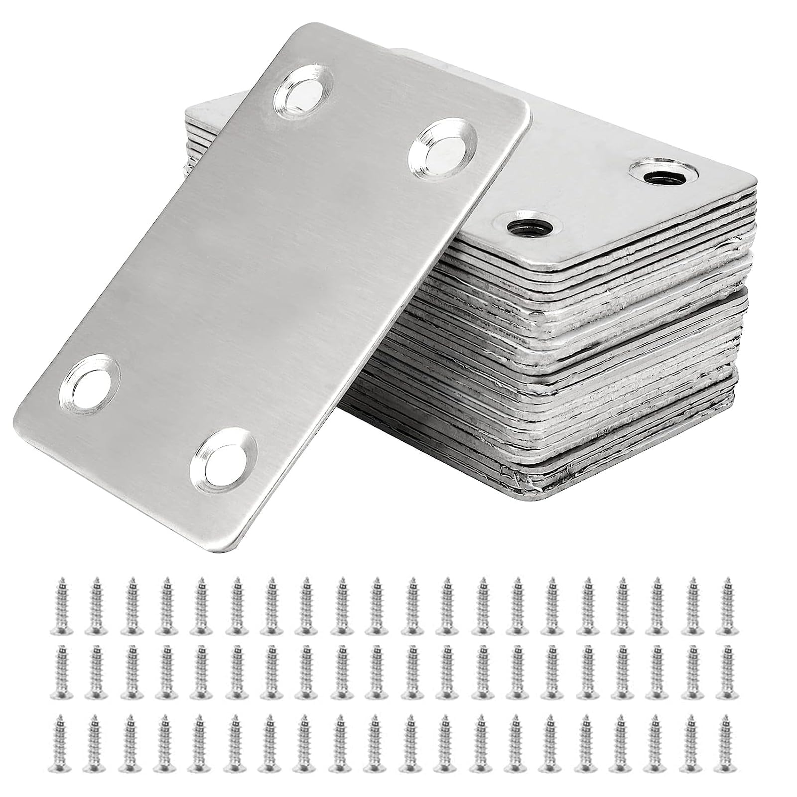 Azonee 20 Pcs Flat Mending Plates, 60 X 38mm Mending Plates Stainless Steel Straight Support Brackets with 80 Screws and Holes for Repair Wood Fixing Furniture Repair Connector Chair Table Cabinet Bed