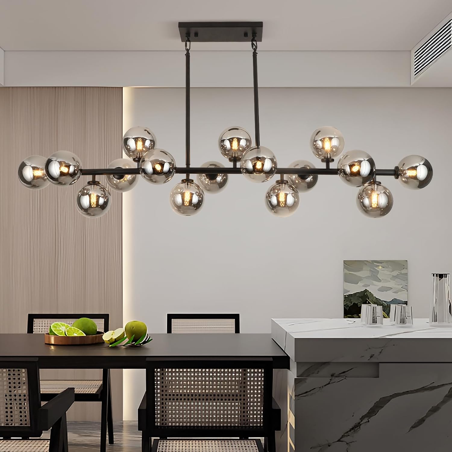 Mid Century Modern Chandelier 55in Linear Bubble Chandeliers 16-Light Black & Gray Sputnik Pendant Lighting Fixture for Dining Room Kitchen Island
