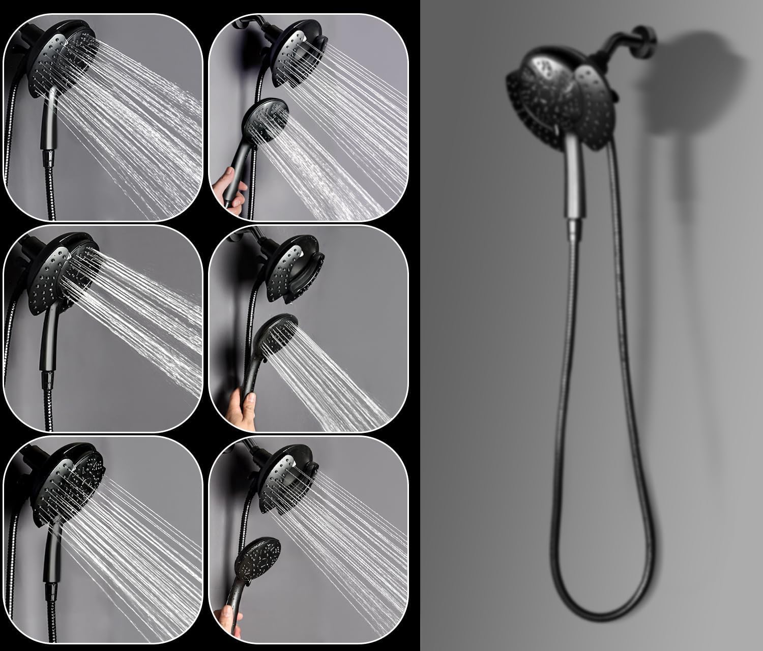 GRICH 2.5GPM Shower Head with Hand: 2 in 1 High Pressure Shower Heads With Handheld Spray Combo & Rain Shower Head, 9 Spray Modes Anti-Leak Waterfall Showerhead, Angle Adjustable, Matte Black
