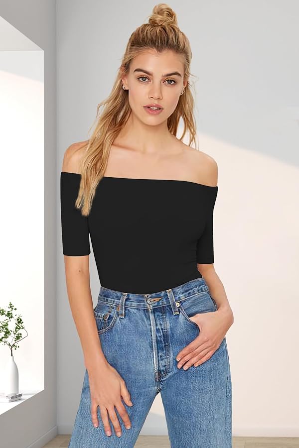 Women's Sexy Slim Fit Stretchy Off Shoulder Elbow Half Sleeve Blouse Tops Black L by Sarin Mathews - Used condition - Image 3