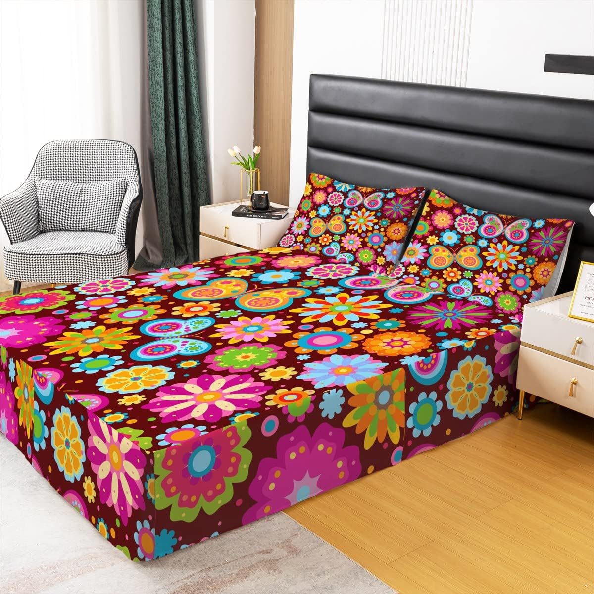 Groovy Flower Bed Skirt 70S Retro Psychedelic Floral Groovy Bed Skirts Queen Women Girls Boys Bohemian Abstract Vintage Hippie Bedskirt Boho Disco Indie Room Decor Rainbow Butterfly Print Bedding Set