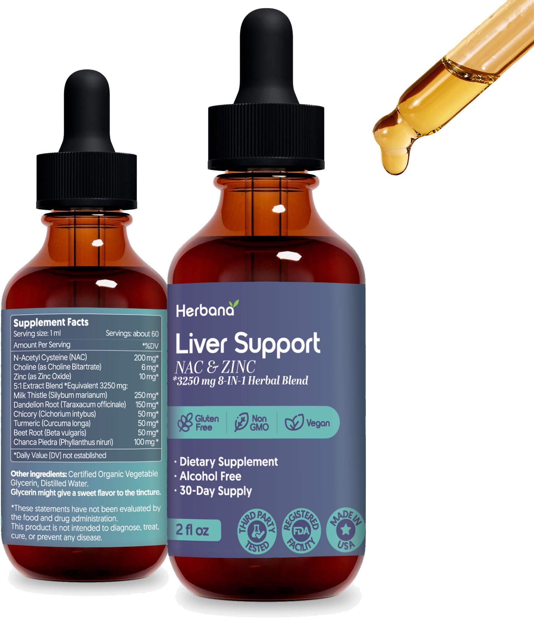 Liver Support Liquid with NAC and Zinc High Potency Herbal Blend Milk Thistle Dandelion Turmeric Daily Wellness Drops Alcohol Free Vegan 2 fl oz