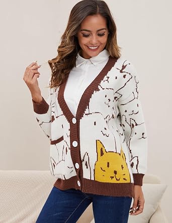 Yimoon Women's Kawaii Cat Cardigan Sweater Oversized V-Neck Button Down Knitted Loose Fit Cardigans