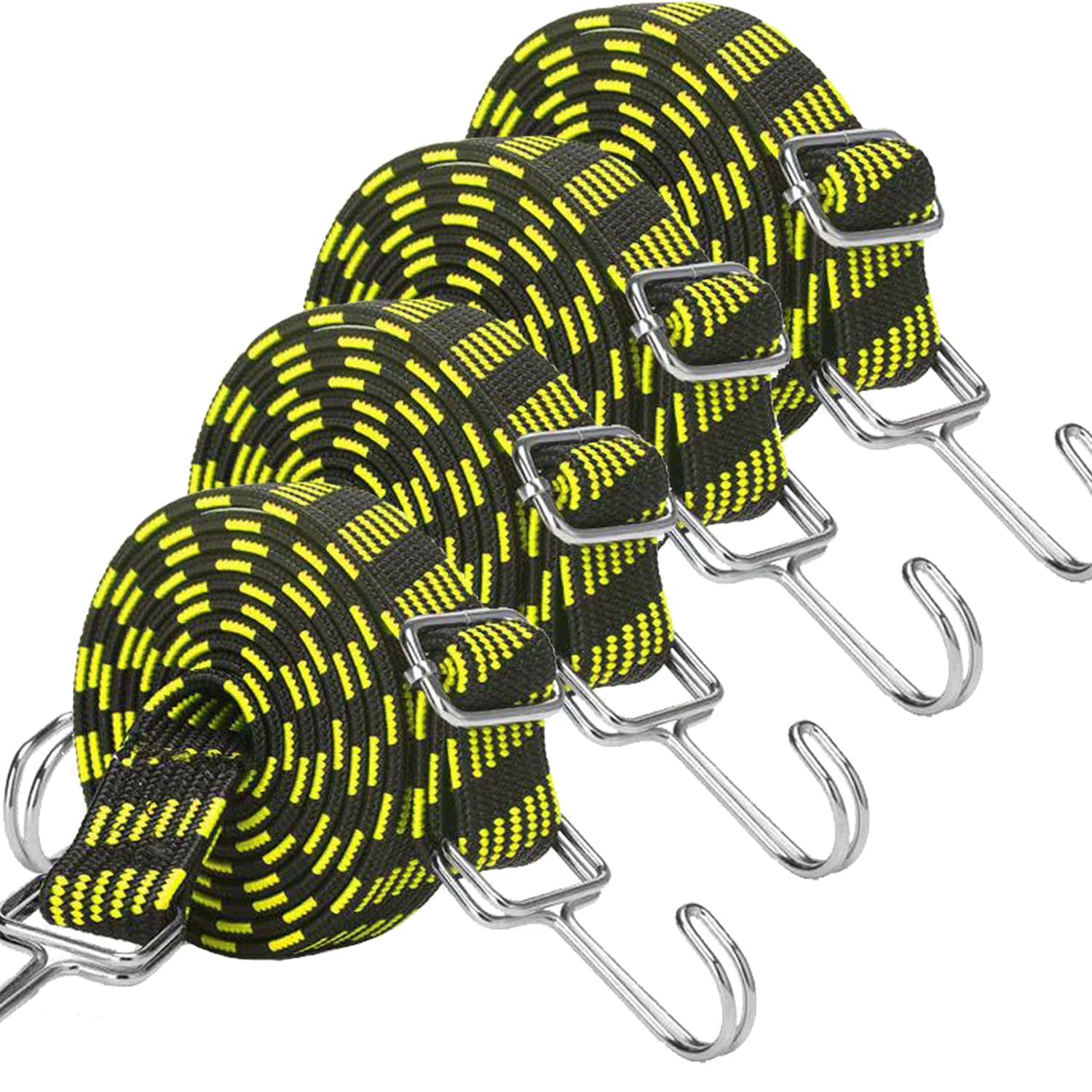 JETAINE Bungee Cords with Hooks, 4PACK Adjustable Bungee Strapes, 200cm Heavy Duty Elastic Rope Long Flat Cord for Bike Luggage Rack Camping Tent Car Roof Rack Fixings,Yellow