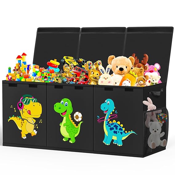 Extra Large Toy Box, Collapsible Toddlers Toy Chest Kids Storage Organizer, Dinosaur Bin Boxes Storage Basket with Lids for Boys, Girls, Living Room, Nursery, Playroom, 40"x14"x16", Black