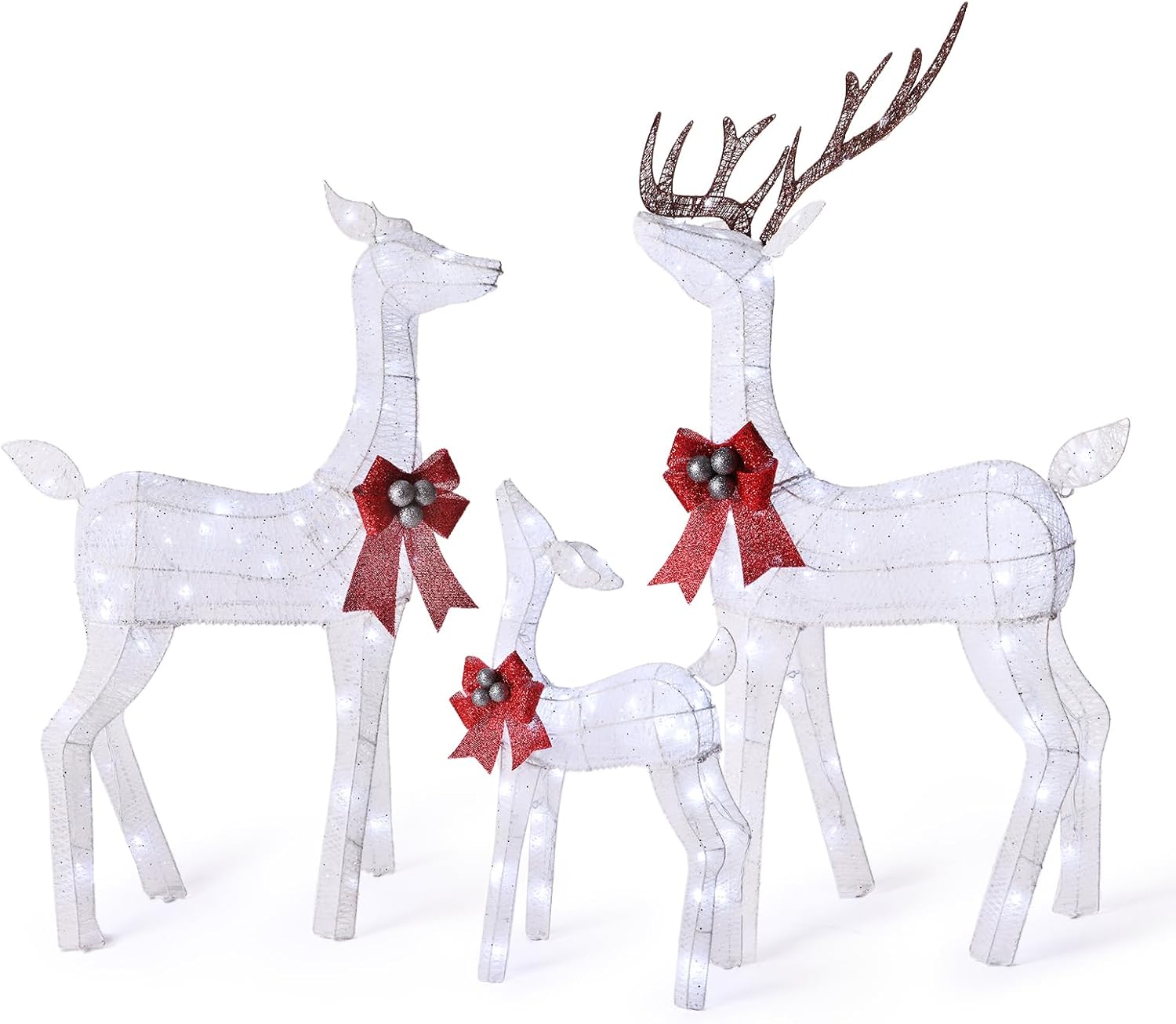 FUNNGO 3-Piece Large Lighted Christmas Deer Family Set - 3D White Reindeer Christmas Outdoor Yard Decorations with 200 Led Warm White Lights, 10:1 Flickering Lights, Stakes, Zip Ties