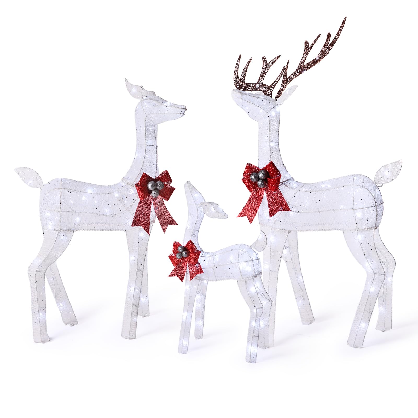 FUNNGO 3-Piece Large Lighted Christmas Deer Family Set - 3D White Reindeer Christmas Outdoor Yard Decorations with 200 Led Warm White Lights, 10:1 Flickering Lights, Stakes, Zip Ties