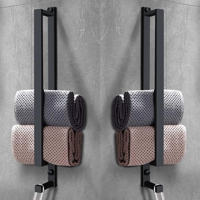 LIVEHITOP 2PCS Towel Rail, Wall Mounted Hand Towel Holder with Rod Hook Stainless Steel Matte Black 43cm for Bathroom Kitchen ( Drilling / NO Drilling )