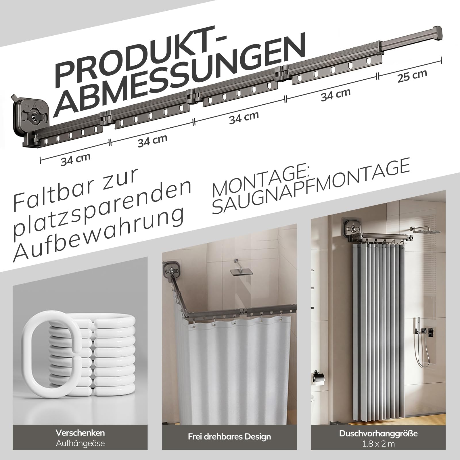 Rideau De Douche Sans Perçage, Tringle à Rideau De Douche Pliable Avec Ventouses, Rideau Douche (1,8x2m), Tige d'Angle avec Anneaux, pour Salles de Bain, Baignoire, Vestiaires(noir, 4 Plis)