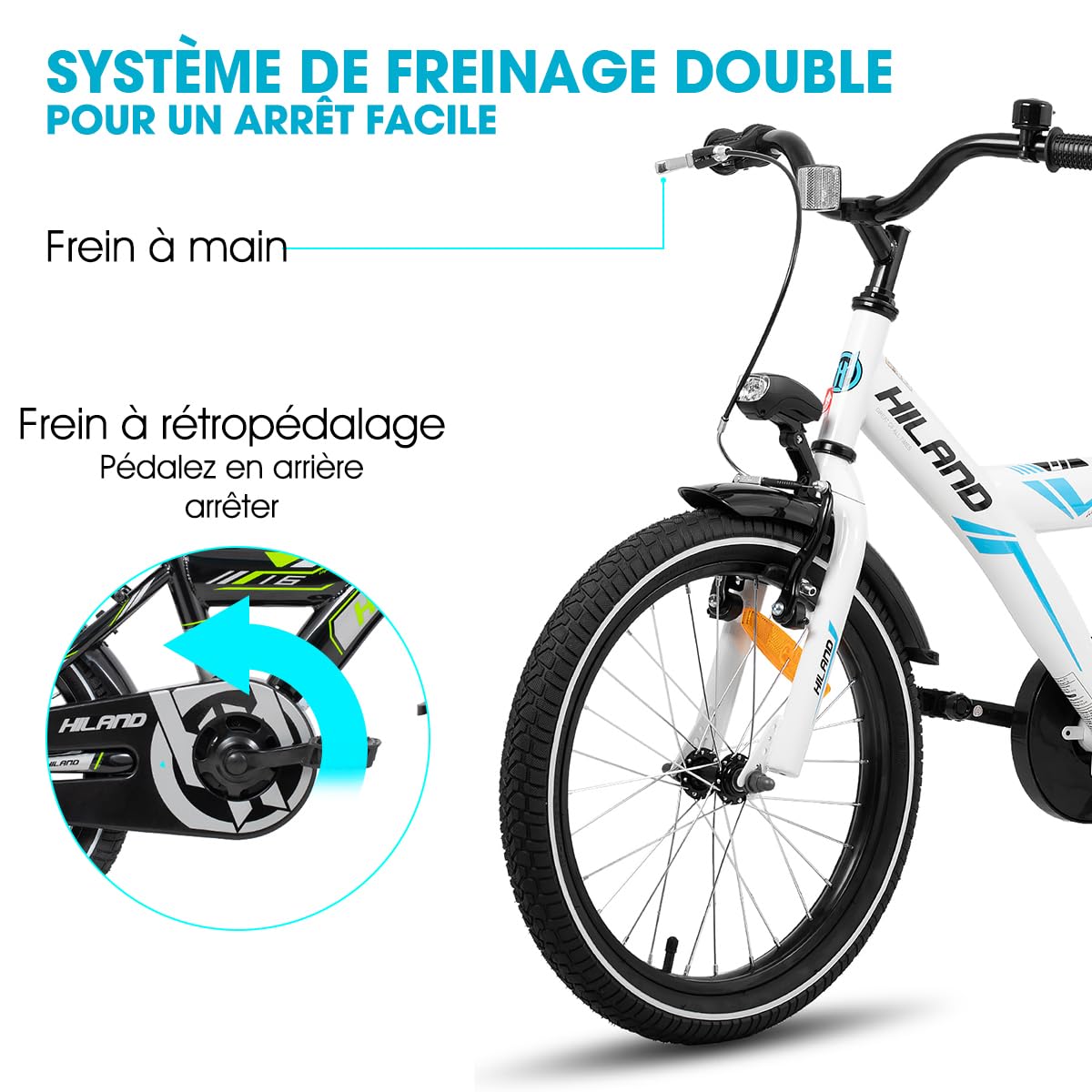 HILAND Sentry Vélo Enfant 16/18 Pouces, 4–8 Ans, pour Fille et Garçon, avec Porte-Bagages, Frein à Main et Frein Rétropédalage, Noir/Blanc