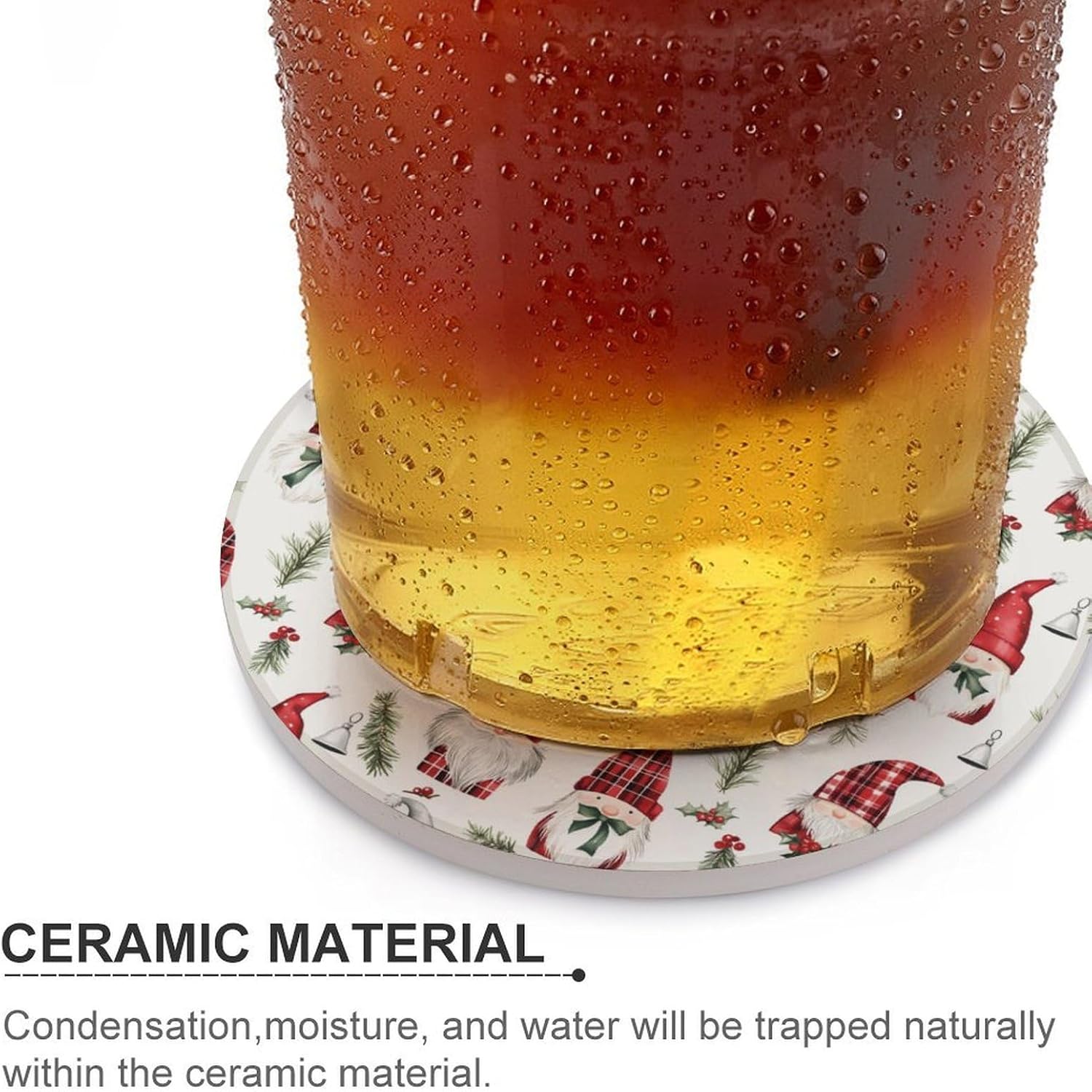 Christmas Cute Gnomes Round Ceramic Coasters Print Drinks Absorbent with Cork Base for Home Decor Gifts 4 Inch